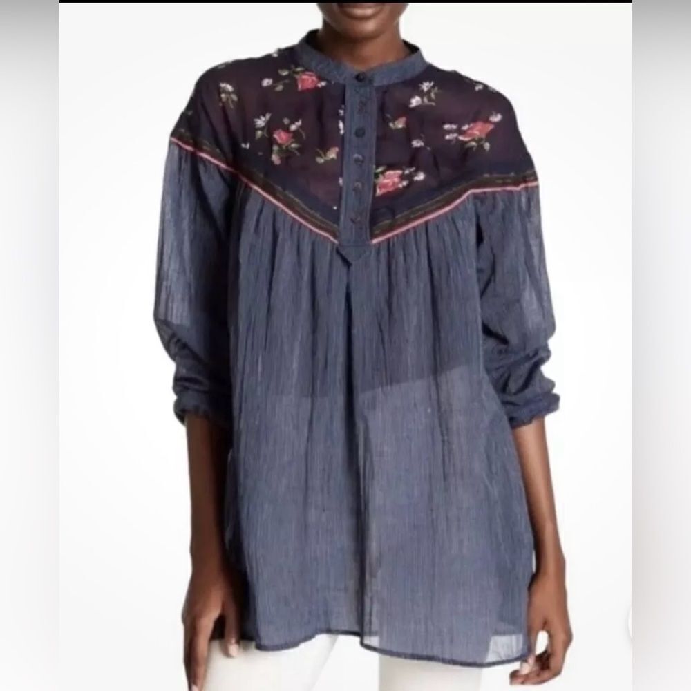 Free People Hearts & Colors Navy Blue Floral Striped Sheer Blouse S
